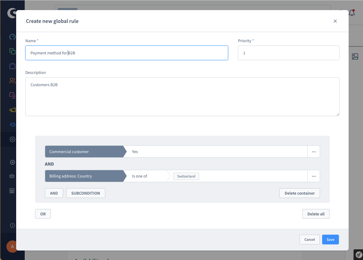 payment method configuration create availability rule